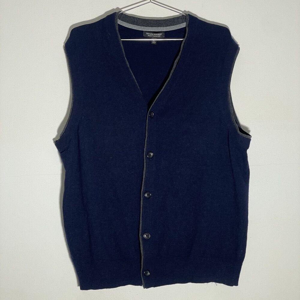 Banana Republic Men's Navy Blue Wool Vest with Gray Trim XL